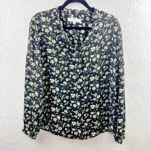 LOFT Floral Print Blouse Black White Yellow Long Sleeve Women’s Size S